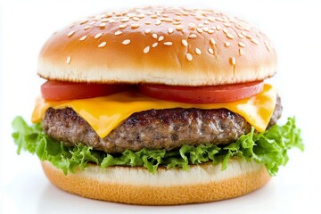 Juicy burger with melted cheese and fresh vegetables on sesame seed bun ready to be enjoyed
