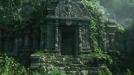 Naklejka premium Ancient Temple with Intricate Stone Carvings Surrounded by Lush Greenery, Capturing the Mystique of an Era Long Past in Stunning Detail
