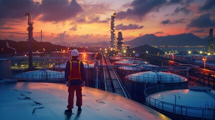 Worker with process machinery in oil blending factory Worker on top of storage tanks in oil blending factory