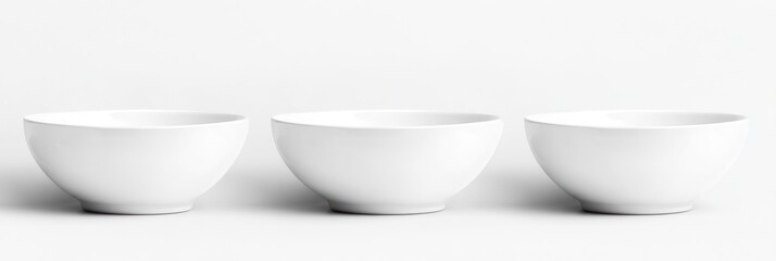 Three empty white bowls on white background.