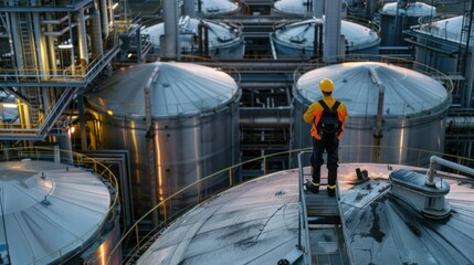 Worker with process machinery in oil blending factory Worker on top of storage tanks in oil blending factory
