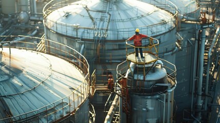 Worker with process machinery in oil blending factory Worker on top of storage tanks in oil blending factory