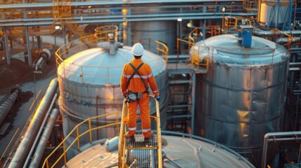 Worker with process machinery in oil blending factory Worker on top of storage tanks in oil blending factory