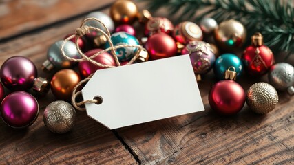 A blank white tag sits amongst a colorful assortment of Christmas ornaments on a rustic wooden surface.