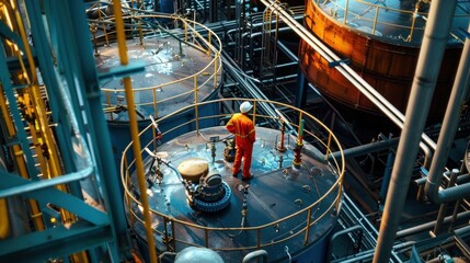 Worker with process machinery in oil blending factory Worker on top of storage tanks in oil blending factory