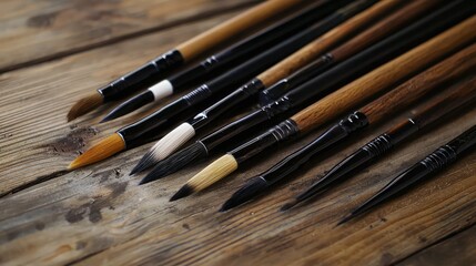 Fototapeta premium A Beautiful Collection of Artistic Ink Brushes and Tools Neatly Arranged on a Rustic Wooden Surface for Creative Projects and Artistic Expression