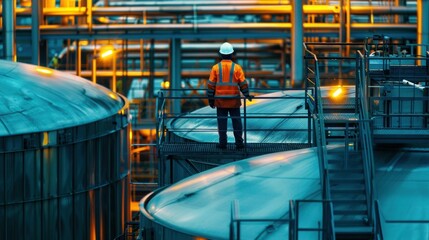 Worker with process machinery in oil blending factory Worker on top of storage tanks in oil blending factory