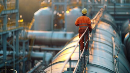 Worker with process machinery in oil blending factory Worker on top of storage tanks in oil blending factory
