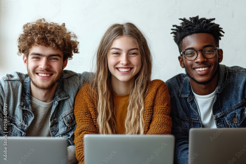 Poster smiling young analysts with laptops, ready to tackle data projects,