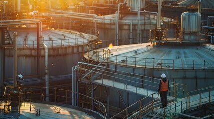 Worker with process machinery in oil blending factory Worker on top of storage tanks in oil blending factory