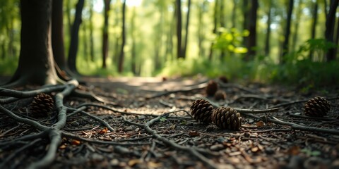 Obraz premium A sun-dappled forest path with exposed tree roots and fallen pine cones, a quiet and peaceful scene