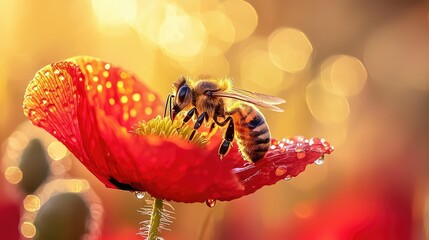 Naklejka premium Bee Collecting Nectar from a Dew-Kissed Red Poppy Flower in Soft Golden Light with a Bokeh Background for Nature Photography Enthusiasts