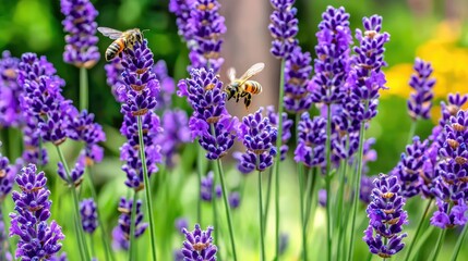 Obraz premium Busy Bees Pollinating Lavender Blooms in a Beautiful Garden Setting on a Sunny Day with Vibrant Colors and Lush Greenery in Background