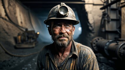 Fototapeta premium Miner in a dimly lit tunnel with coal dust on his skin and helmet light on