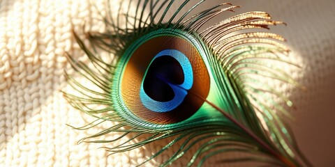 A vibrant peacock feather with intricate iridescent patterns, showcasing the beauty of nature's design and the delicate details of its plumage