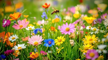 Obraz premium A Beautiful Bee Landing on a Colorful Flower in a Vibrant Field of Daisies and Wildflowers Capturing the Essence of Nature's Splendor