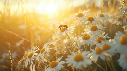 A Bee Pollinates a Cluster of White Daisies in a Beautiful Sunlit Field During Golden Hour, Showcasing Nature's Serenity and Beauty