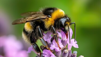 Detailed Close-Up of a Bumblebee Sitting on a Lavender Flower Surrounded by Soft Blurred Green Background, Emphasizing Nature's Beauty and Pollination Activity