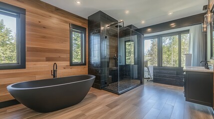 Luxurious Modern Bathroom Design with Freestanding Tub and Walk-in Shower