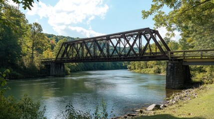 Rustic iron truss bridge spanning a calm river, nestled in a lush green valley under a partly cloudy sky.