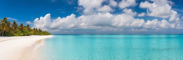 Fototapeta premium Tropical beach with clear turquoise water and white sand under a bright sky