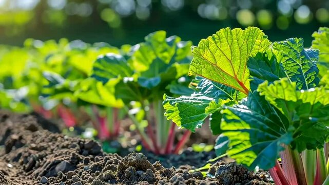 Vibrant rhubarb plants grow in a sunlit garden, symbolizing sustainable agriculture and spring harvest