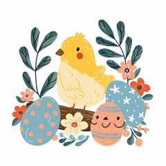 A cheerful chick with decorative Easter eggs and flowers on a white background, concept of spring