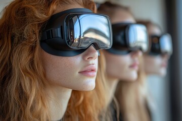 Naklejka premium Women developing advanced technologies in data analytics, virtual reality, and artificial intelligence research with precision,