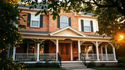 A classic brick home with a white porch and intricate details, bathed in the warm glow of the setting sun.