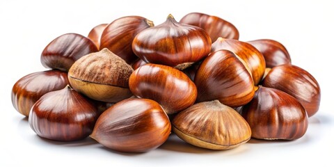 Obraz premium A Close-Up View of Fresh, Glossy Sweet Chestnuts Piled Together on a Bright White Background Perfect for Urban Exploration and Culinary Photography
