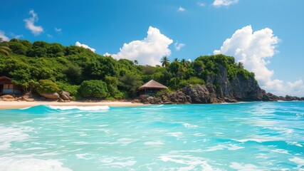 Obraz premium Secluded Tropical Cove with Lush Greenery, Crystal Clear Water, and a Small Hut on the Beach