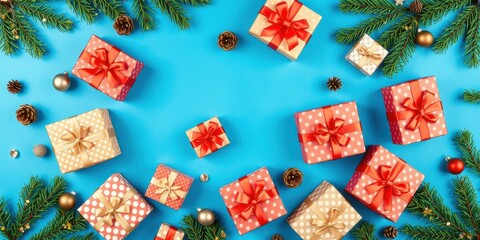 Festive Christmas Gift Boxes Decorated With Red Ribbons and Gold Dots on a Blue Background