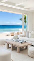 Obraz premium Serene ocean view from a modern beachfront terrace with comfortable seating
