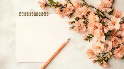 Blank notepad with a pencil and pink cherry blossoms on a light surface in springtime