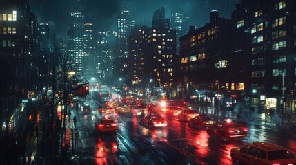 Obraz premium Nighttime Cityscape with Glowing Windows and Traffic in a Metropolis, Showcasing Vibrant Urban Lights and Reflections in a Rainy Atmosphere