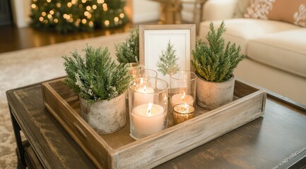 Fototapeta premium Cozy holiday decoration featuring candles and greenery in a warm living room setting with a glowing Christmas tree