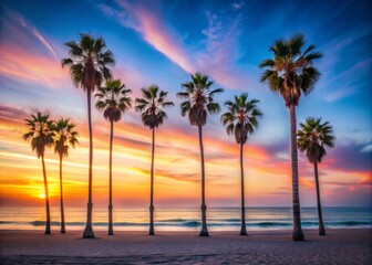 Obraz premium Breathtaking Sunset Over Venice Beach in Los Angeles with Silhouetted Palm Trees Against a Colorful Evening Sky Reflecting on Calm Ocean Waters