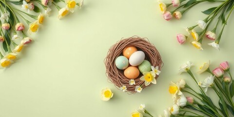 Easter Eggs Nestled in a Woven Nest, Surrounded by Delicate Spring Flowers on a Soft Green Background