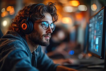 Obraz premium Young analysts in a hybrid work setup, blending remote and in-office collaboration,