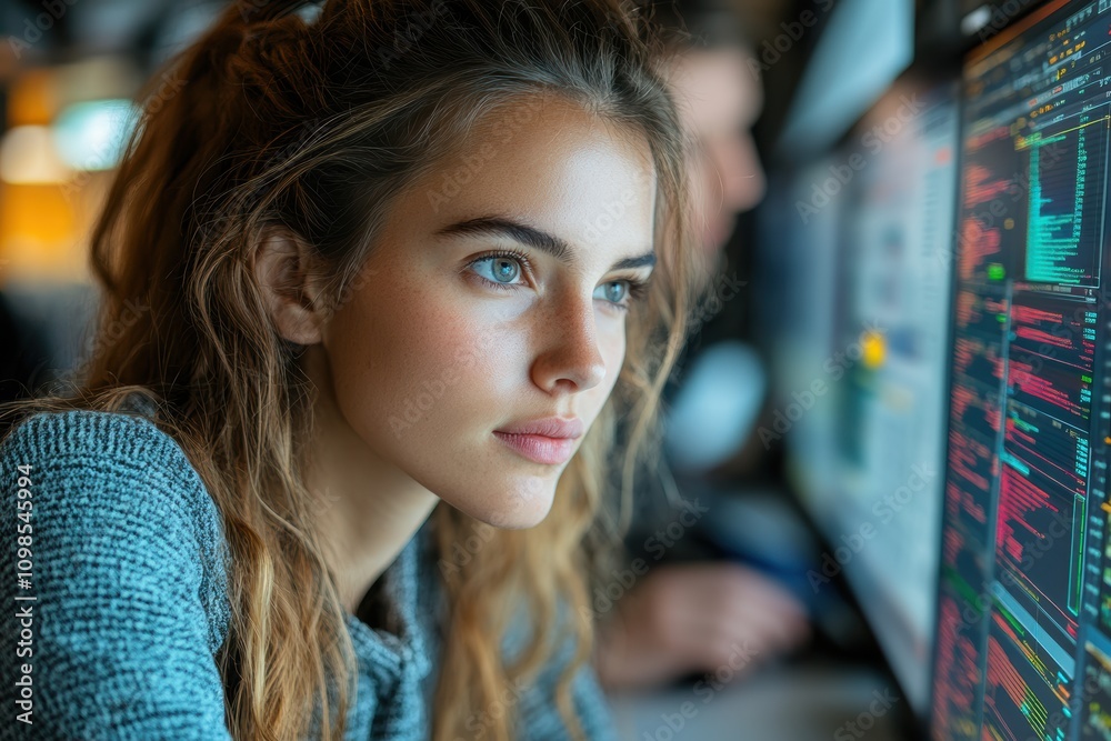 Aufkleber Young analysts using AI-powered software for predictive analytics,