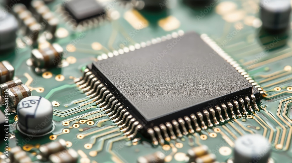 Poster close-up of a microchip showcasing intricate circuitry on a green printed circuit board with reflect