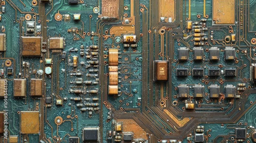 Poster close-up of intricate microchip circuitry with detailed patterns showcasing the complexity of electr