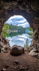 Obraz premium Cave Opening Reveals Serene Mountain Lake Scene