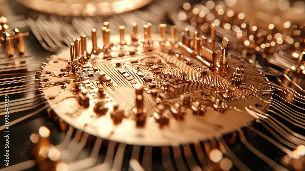 Poster Close-Up View of a Microchip with Intricate Golden Wiring and Tiny Components Showcasing Advanced Technology and Fine Details in High Resolution