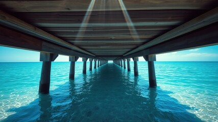 Fototapeta premium Sunlight streams through the wooden beams of a pier, illuminating the clear turquoise water below.