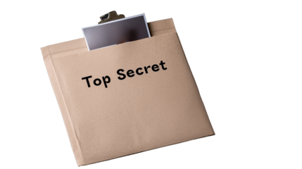 Brown envelope labeled Top Secret with clipboard and document on transparent background