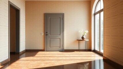 Fototapeta premium A Minimalist Hallway with a Grey Door, a Wooden Table, and a Vase of Flowers, Sunbeams Stream through the Large Window, Illuminating the Polished Floor