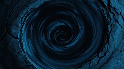 Abstract swirling vortex within a cracked surface, dark blue and black color scheme, with a sense of depth and mystery