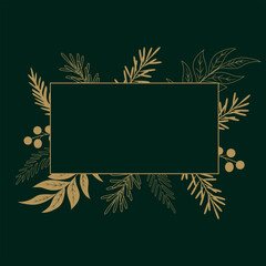 Golden Christmas and New Year typography on a dark green, Christmas background with floral elements. A Christmas greeting card.
