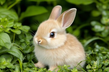 Fototapeta premium Cute fluffy bunny sitting on green grass in a sunlit garden during springtime